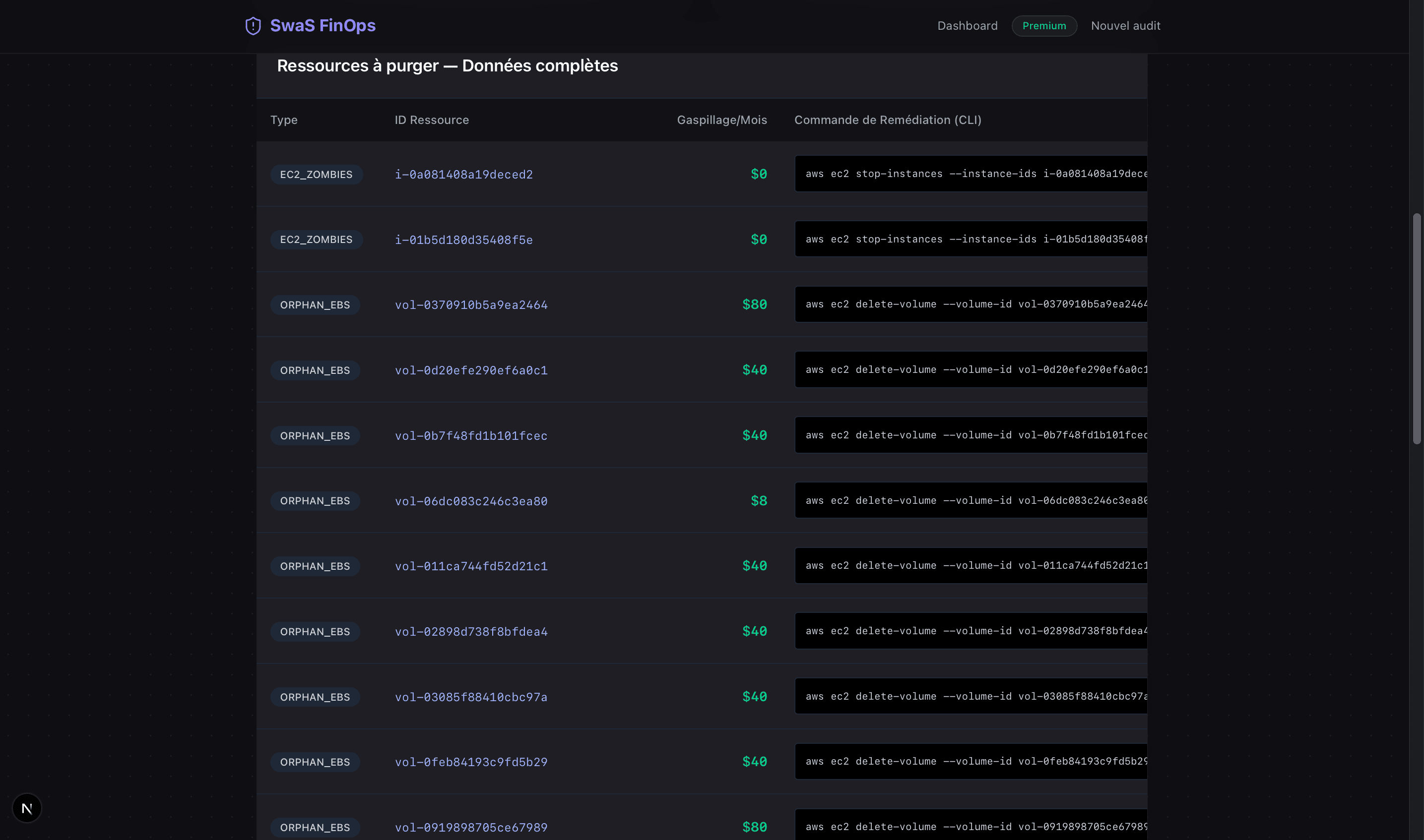 Tableau des ressources AWS gaspillées détectées par FindOps — volumes EBS orphelins, instances EC2 zombie, commandes CLI de remédiation